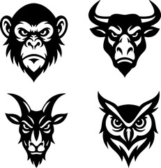 Face of animals and Owl in black and white silhouette assets in white background 