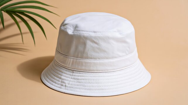 White bucket hat on beige background with soft shadow and tropical leaf