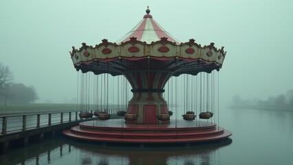 Eerie Carousel Ride on Foggy Water