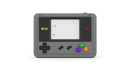 Obraz premium A gray handheld gaming device with a screen and colorful buttons on a white background