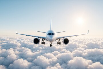 Obraz premium Commercial airplane flying above clouds under sunlight with clear sky background, showcasing modern air transport concept and aviation light effect.