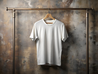 Blank t-shirt mockup hanging on vintage metal pipe rack with neutral backdrop