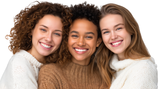 Smiling women embracing and looking at the camera. Perfect for themes of friendship, diversity, happiness, and female empowerment. - Powered by Adobe