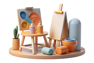 Creative art studio setup with easels, paints, and plants on a wooden table isolated on transparent background