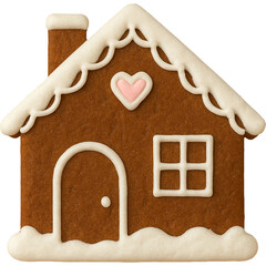 Gingerbread shaped like a house and decorated with cute white icing.