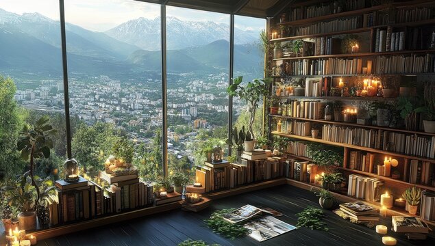 Cozy reading nook with panoramic mountain view