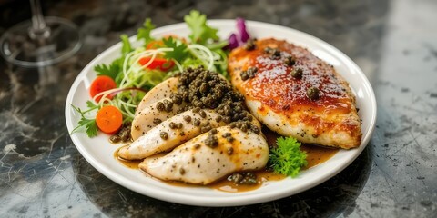 Delicious Chicken and Fish Salad Plate with Caper Sauce