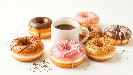 Delicious Donuts and Coffee Mug on White Background