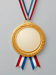 Blank gold medal with red, white, and blue ribbon. Perfect for award ceremony, competition, or achievement mockups.