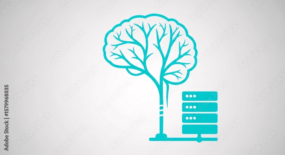 Poster artificial intelligence and data storage concept illustration of brain tree connected to servers