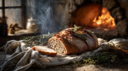A cinematic photo of a loaf of freshly baked rye bread, sliced open, steam rising from inside, placed on a vintage linen cloth with herbs around. Old stone oven in background. 