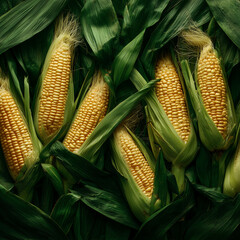 An overhead shot of freshly picked corn cobs arranged with leaves and silk still attached, placed on a bed of green leaves in a supermarket produce aisle. Vibrant lighting brings out crisp texture.