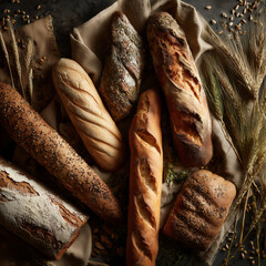An overhead shot of an assortment of fresh bread--baguettes, ciabatta, focaccia, multigrain--arranged artistically on a bakery table with wheat stalks and scattered seeds. 