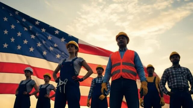 Silhouettes of diverse workers stand before a waving USA flag. "Happy Labor Day" text appears, celebrating the patriotic American national holiday.