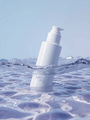 A white cosmetic pump bottle partially submerged in clear blue water. Clean, minimalist aesthetic perfect for beauty product advertising.