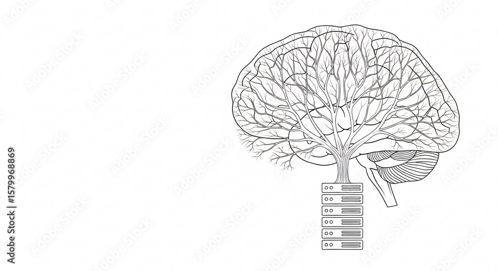 Poster artificial intelligence concept illustration: brain tree growing from server stack symbolizing data,