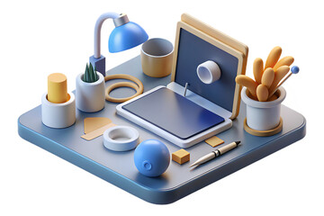 Creative workspace with tablet, lamp, and art supplies on a blue desk isolated on transparent background