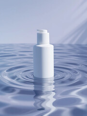 A white cosmetic bottle floats serenely on calm blue water, creating a minimalist and elegant scene. Ideal for beauty product advertising.
