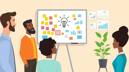 Diverse team collaborates on a whiteboard with ideas and data visualizations