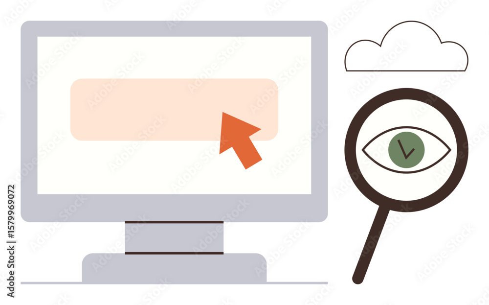 Aufkleber computer screen with cursor clicking, cloud symbol, magnifying glass focusing on an eye with a check