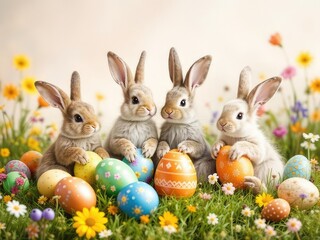 Easter Bunny Rabbits and Eggs in Spring Meadow