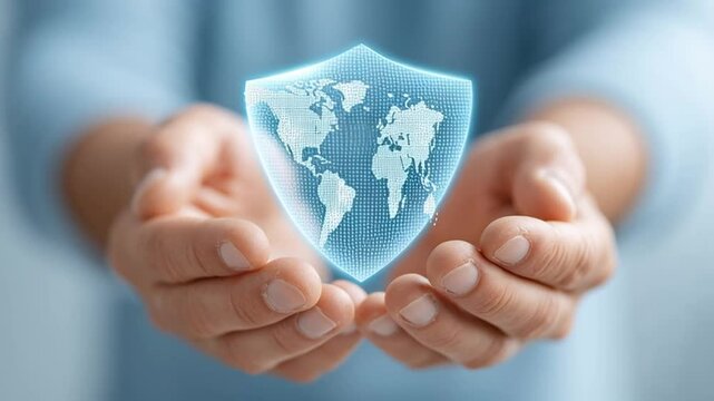 International health insurance protection with hands holding digital shield and world map symbolizing global care, security, and comprehensive medical coverage for well being worldwide