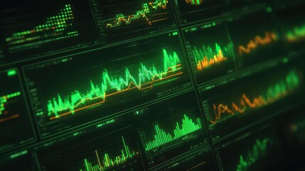 Multiple glowing green and orange financial charts on a computer screen.