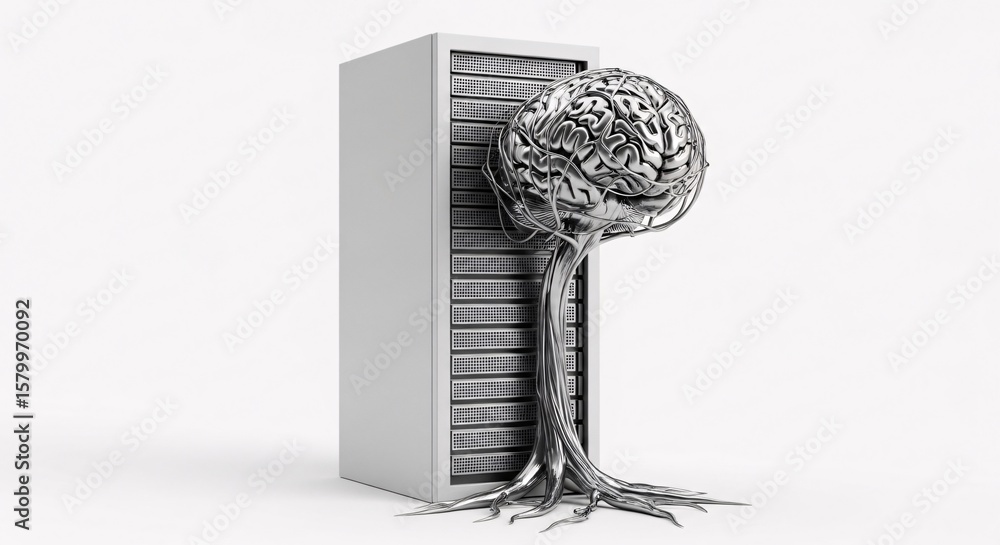 Poster digital intelligence infrastructure brain connected to server rack