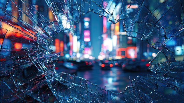 Broken glass reveals a blurred cityscape at night with bright lights, traffic, and reflections on a wet street. - Powered by Adobe