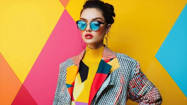 Stylish woman in colorful geometric patterned coat and sunglasses against vibrant background