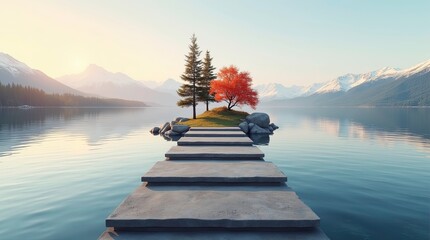 Calm lake at sunset with wooden dock reflecting colorful sky in mountain wilderness generated ai