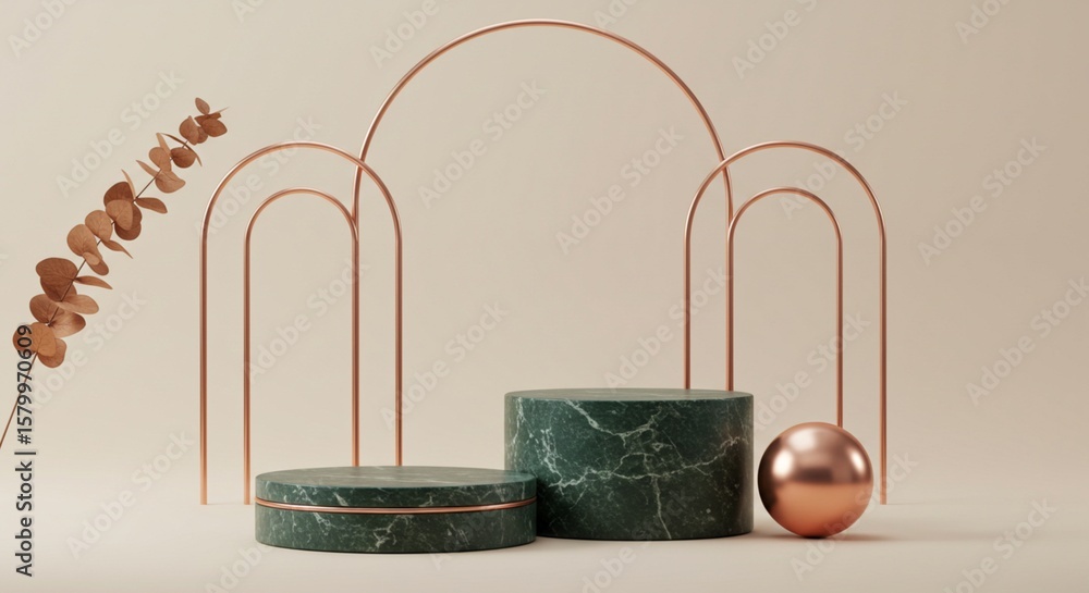 Fototapete minimalist presentation: a stunning 3d-rendered display featuring a marble podium, a metallic arch, 