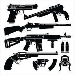 Black weapon silhouettes including handguns rifles and ammunition pistol shotgun