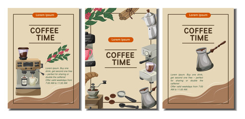 Naklejka premium Set of coffee time flyers for coffee shop, coffee house, cafe, barista, bakery. A4 Vector illustration for poster, banner, cover, flyer, menu, advertising.