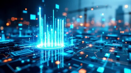 Fiber optics and electronic circuit board background with glowing light spots illustrate a digital communication network design concept technology components 4k video - Powered by Adobe