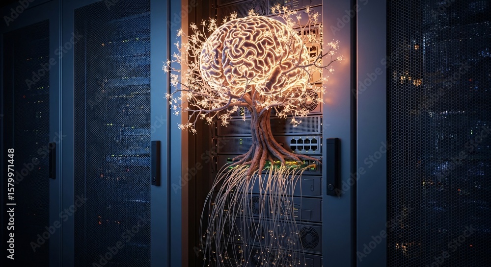 Poster abstract illustration of brain tree growing in server rack in data center representing ai, technolog