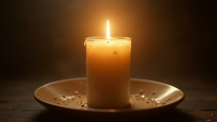 Candlelight still life warm glow on decorative plate with dark backdrop