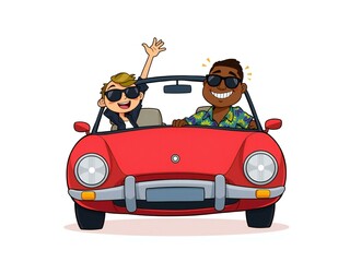 Two happy friends enjoying a sunny day drive in a red convertible car