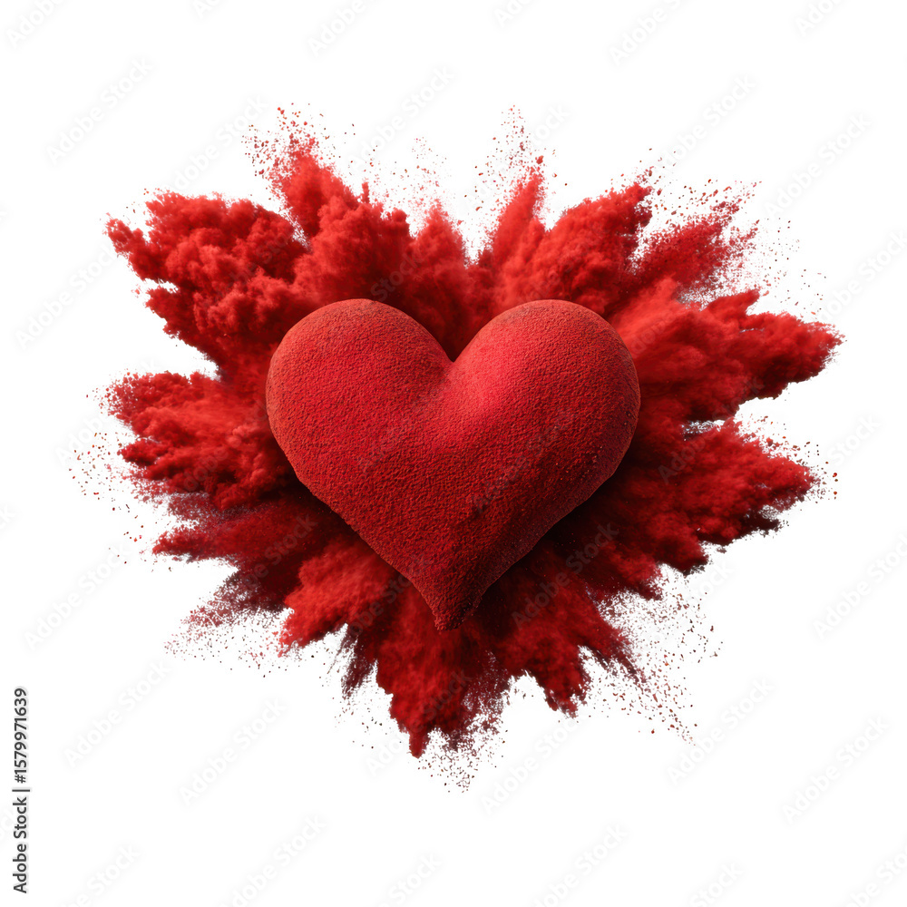 Poster red heart exploding with powder isolated on transparent background
