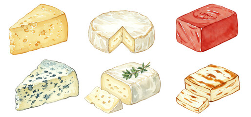 Watercolor cheese variety set. Isolated illustration for gourmet menu and culinary packaging.