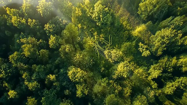 Aerial view of a lush green forest with a mysterious pattern etched into the ground, sunlight filtering through the trees