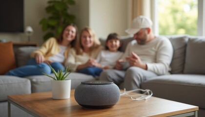 A family relaxes together on a sofa, with a smart speaker on a table in the foreground.