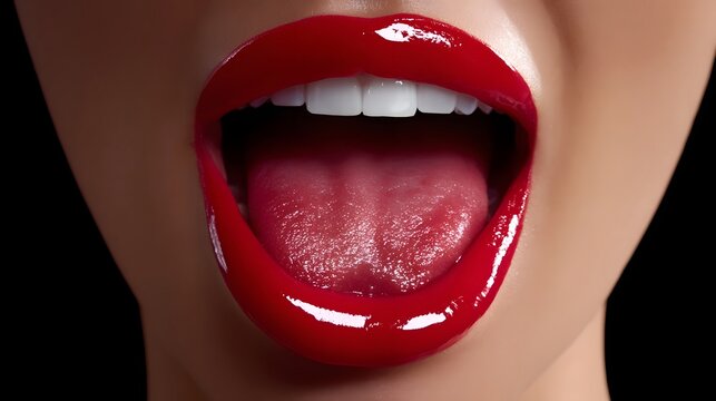 Captivating red lips with bold, seductive expression