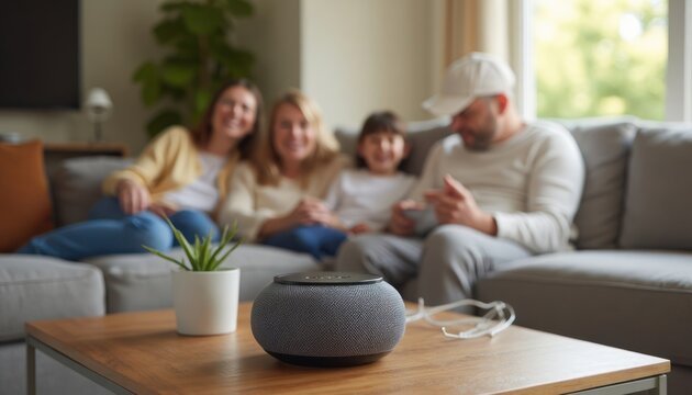 A family relaxes together on a sofa, with a smart speaker on a table in the foreground.