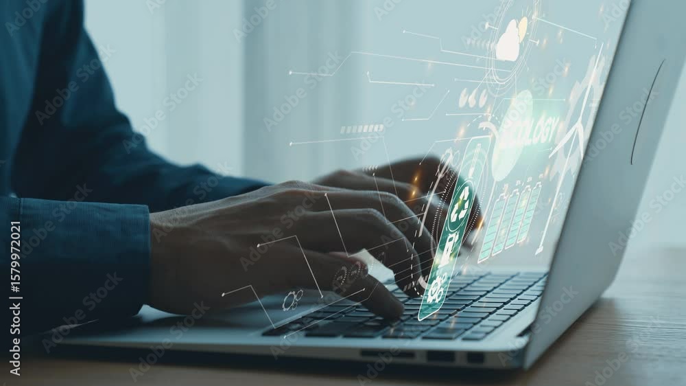 Poster modern workspace with hands typing on laptop surrounded by digital interface elements representing t