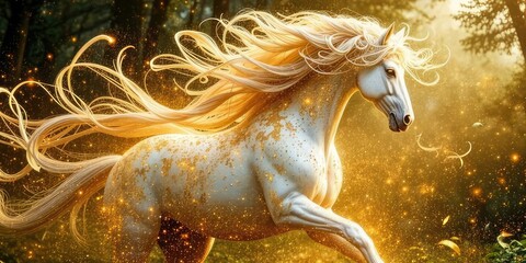 Enchanting White Horse with Golden Sparkle in Magical Meadow