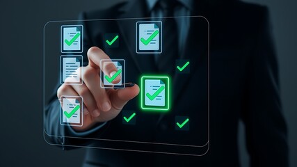 Businessman interacting with digital checklist interface suit hand