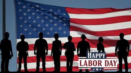 Silhouettes of diverse workers stand before a waving USA flag. "Happy Labor Day" text appears, celebrating the patriotic American national holiday.