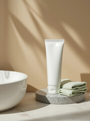 A white cosmetic tube sits on a small stone pedestal next to a bowl and face cloths, bathed in soft, natural light. Clean and minimalist aesthetic.