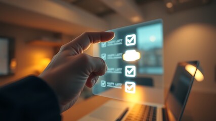 Finger interacting with holographic checklist on transparent screen image